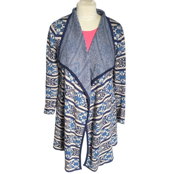 Lucky Brand Women’s Size LargeBlue/Tan Aztec Open Front Cardigan Duster Sweater - Picture 1 of 13